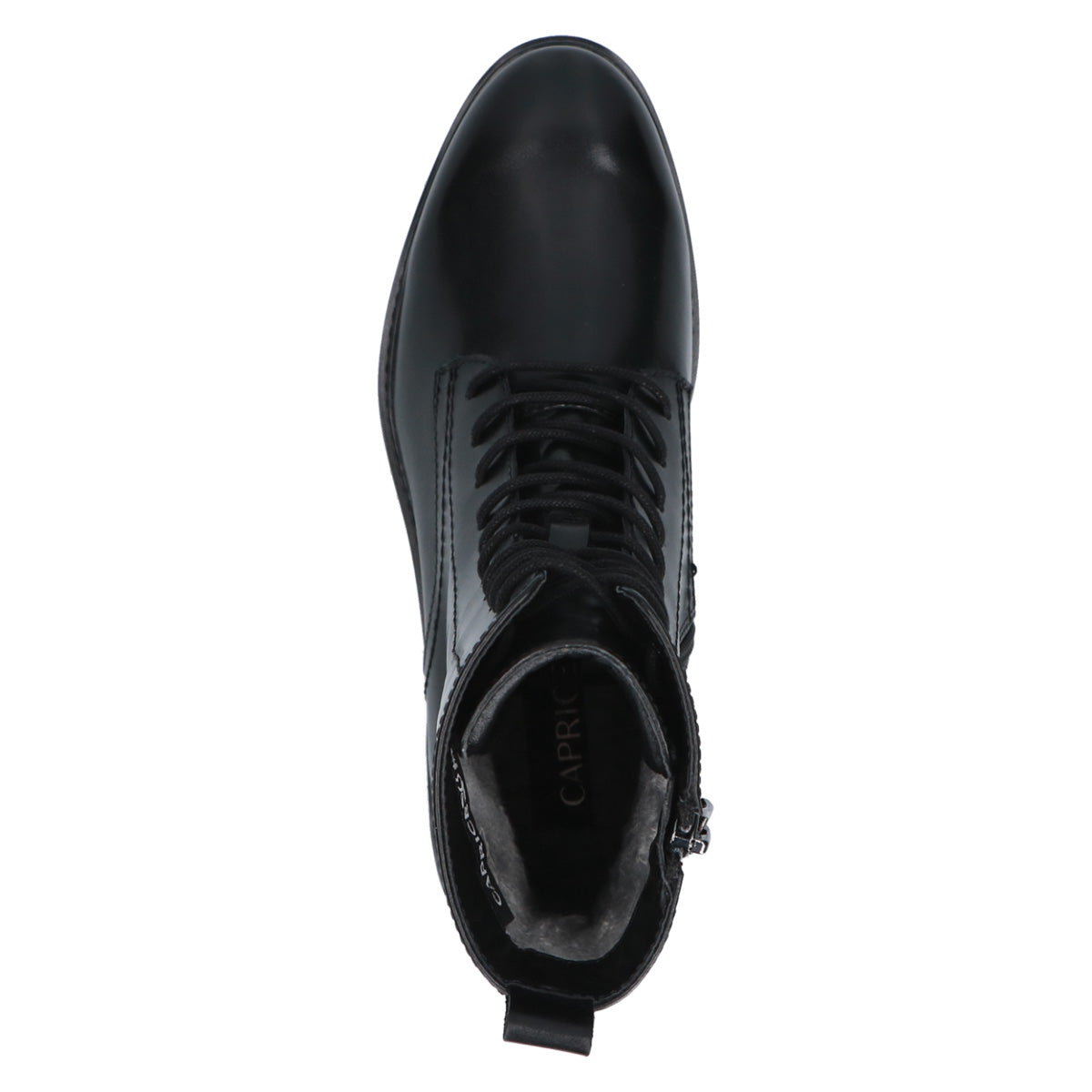 Front view of Caprice Black Leather Boots highlighting the outer zipper.