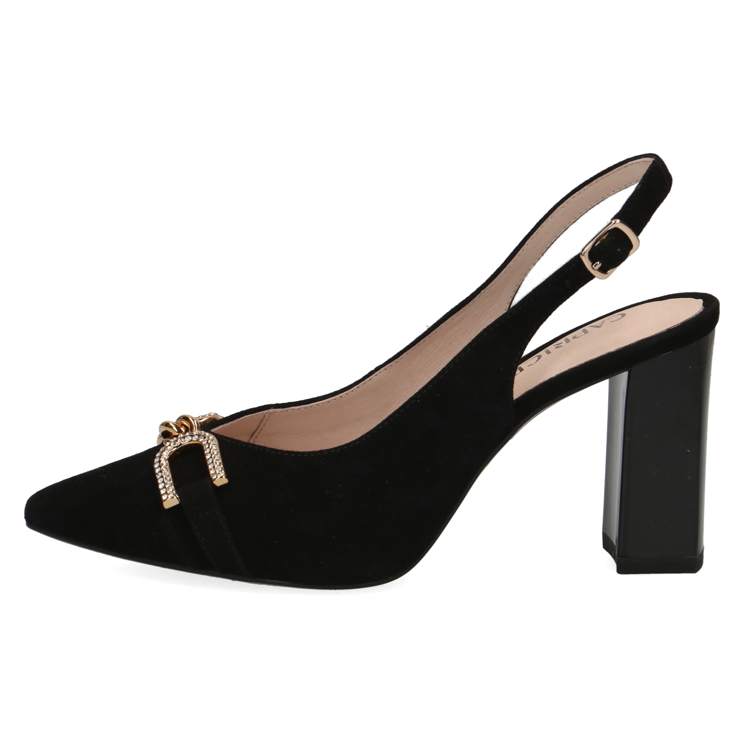 Front view of Black Suede Slingback by Caprice.