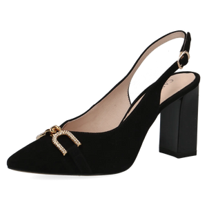 Angled view showing the block heel of the shoes.