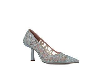Angled perspective of MENBUR's Elysian Silver Mesh Heel highlighting the intricate mesh patterns.