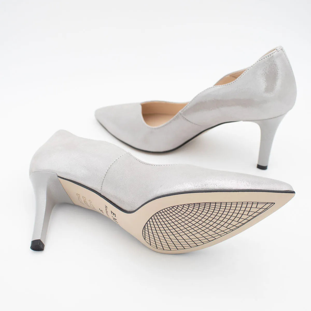 Emis Silver Leather Court Heels with Mid Heel - Leavys Shoes