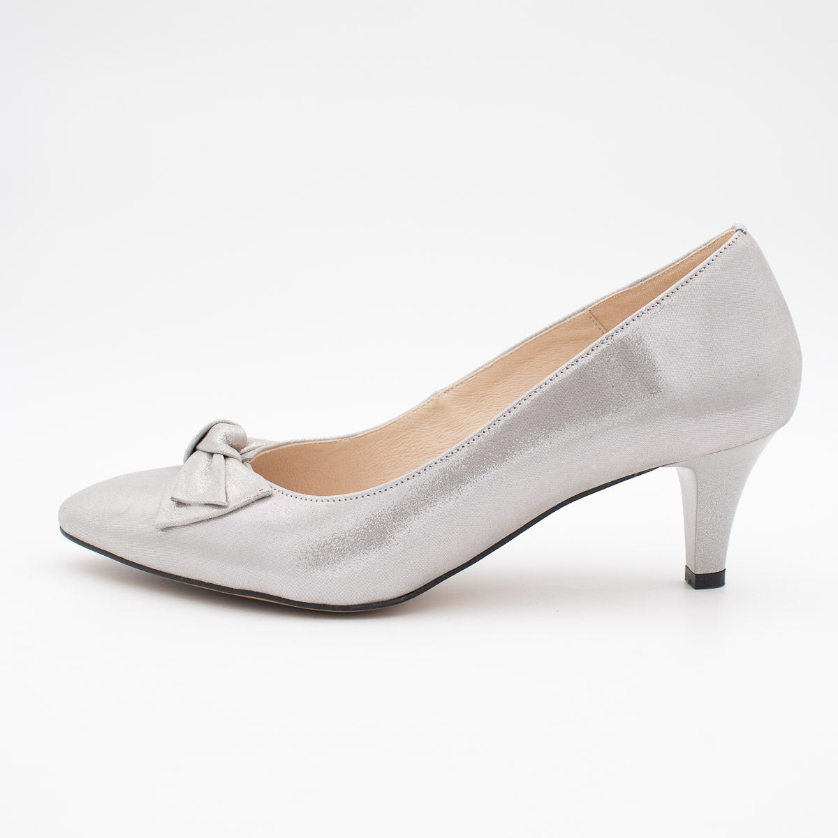 Silver Metallic Low Heel High Heels with Pretty Bow Detail