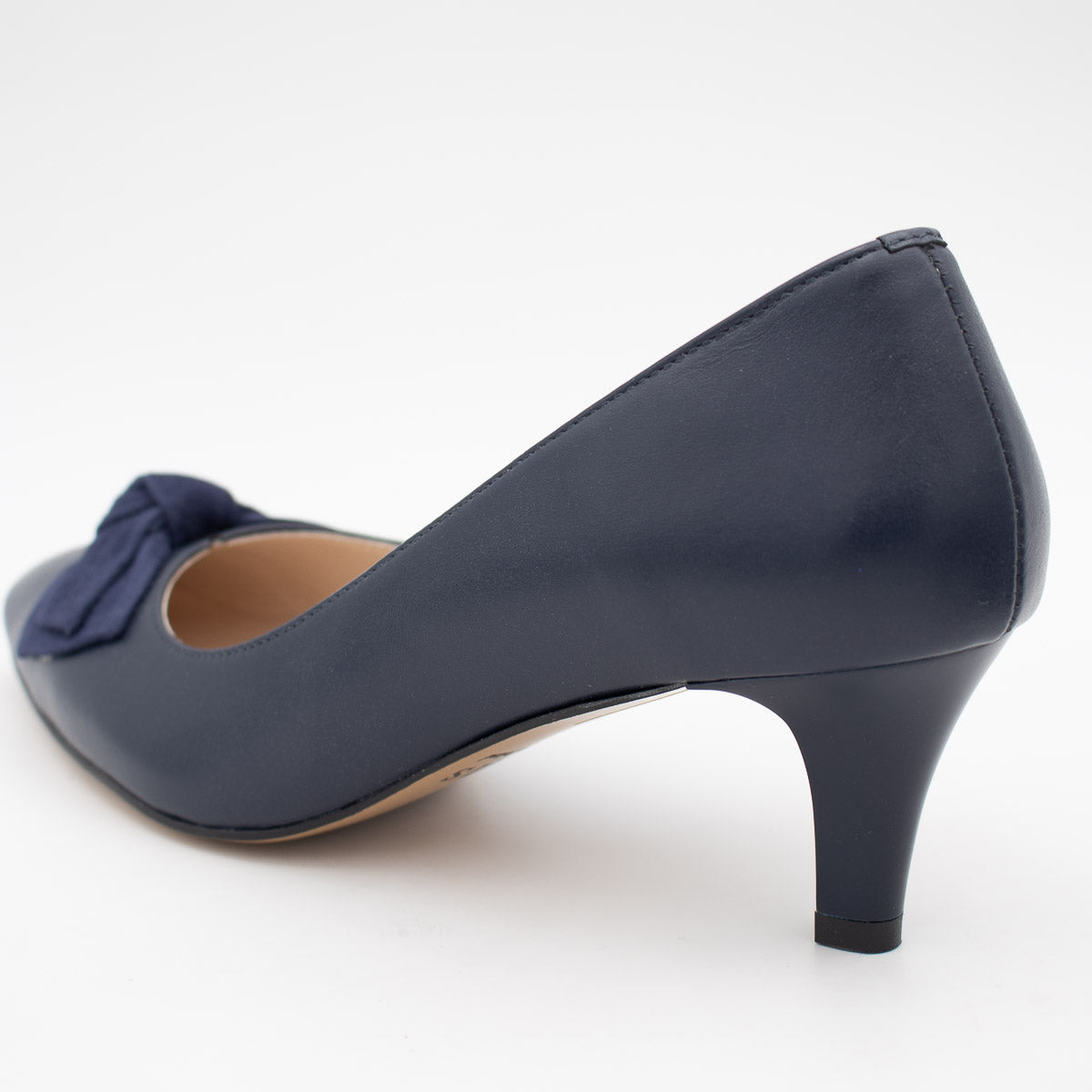 Navy Leather Low Heel with Folded Bow Detail