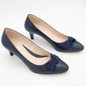 Navy Leather Low Heel with Folded Bow Detail