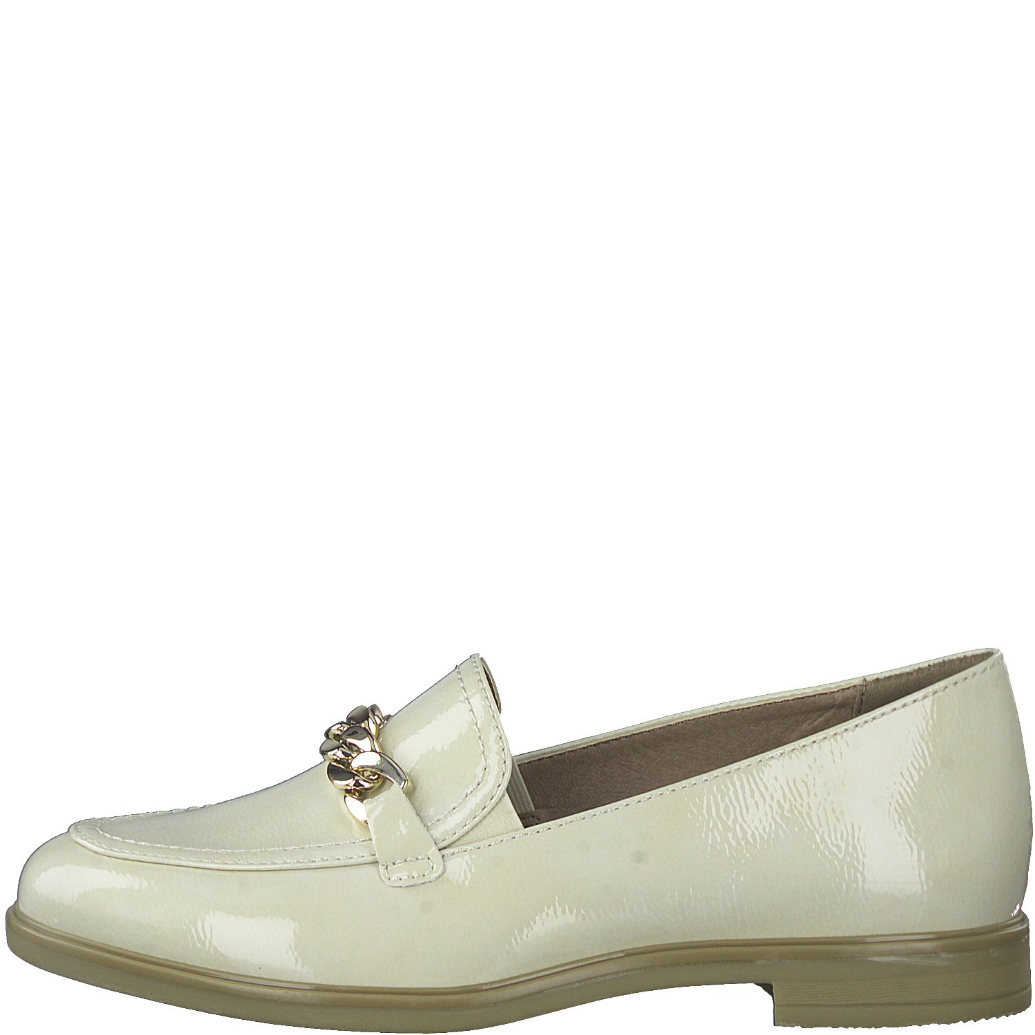 Beige Patent Loafers with Glossy Finish and Gold Chain-Link