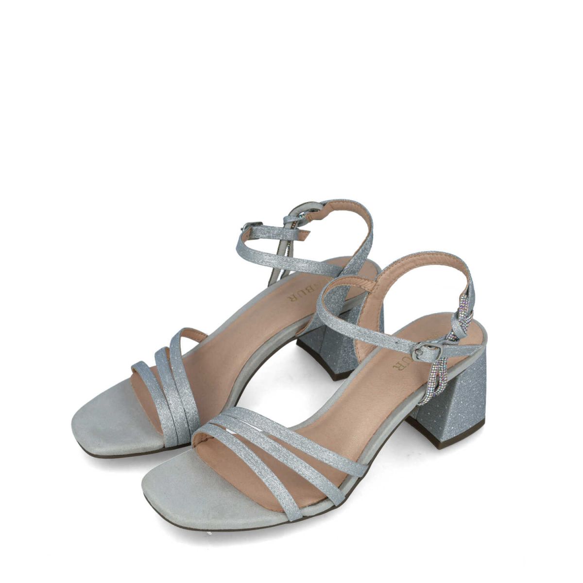 Timeless Silver Square Toe Block Heel Sandals