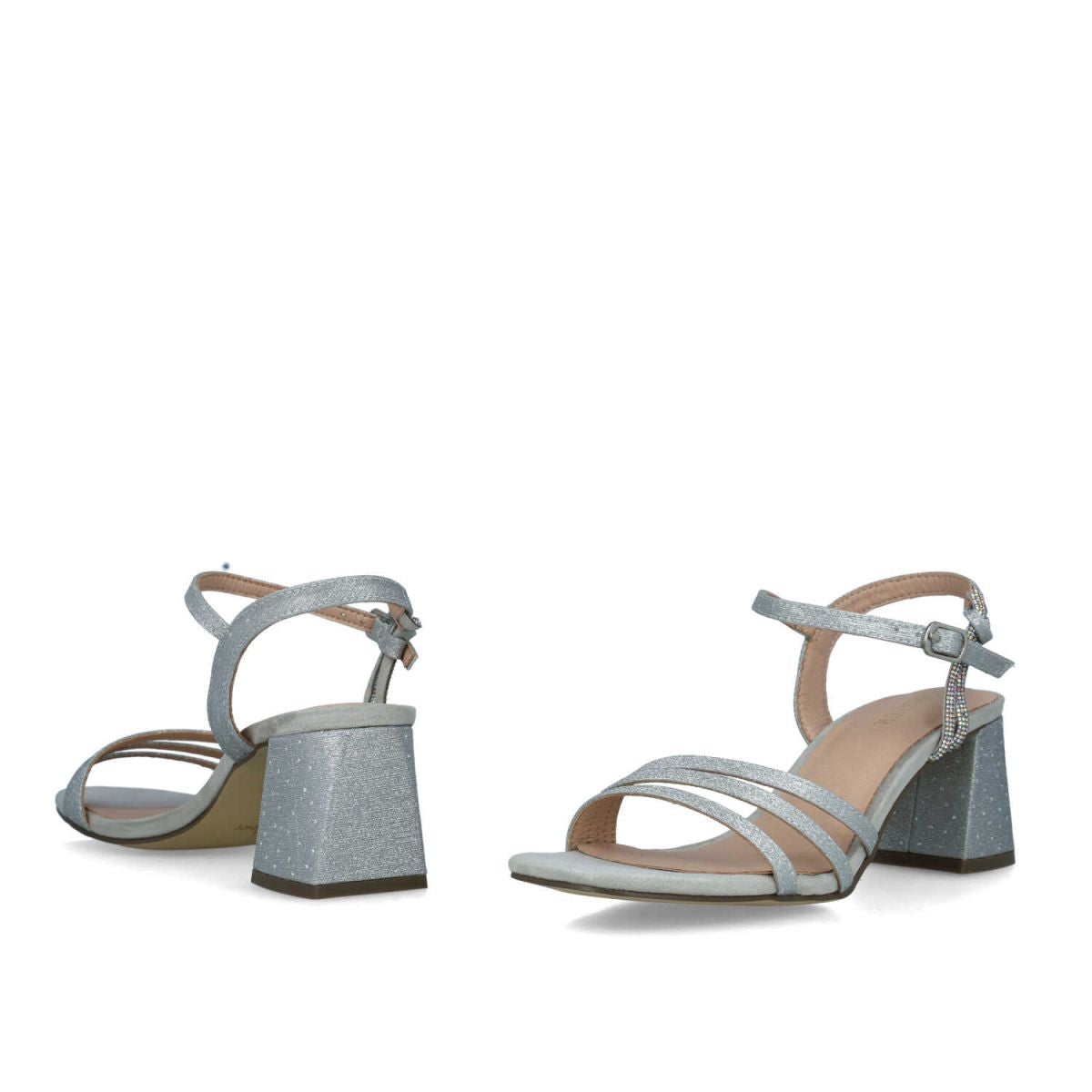 Timeless Silver Square Toe Block Heel Sandals