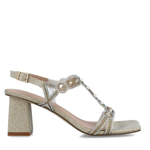 Glittery Square-Toe Gold Block Heel Evening Sandals