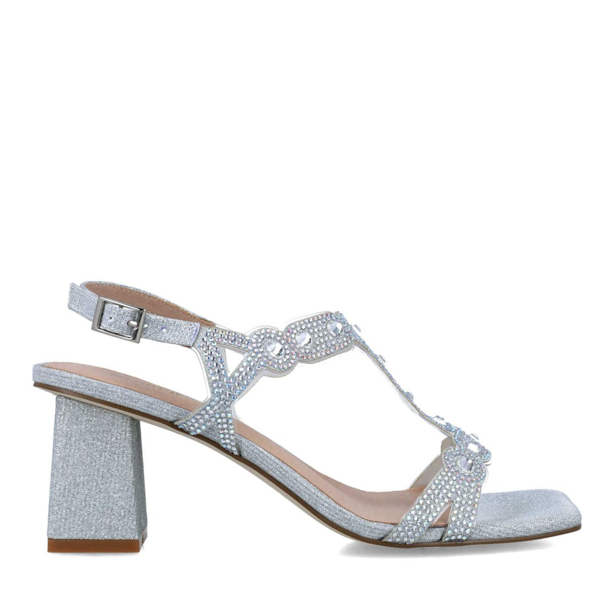 Glittery Sparkle Silver Block Heel Occasion Sandals - Leavys Shoes