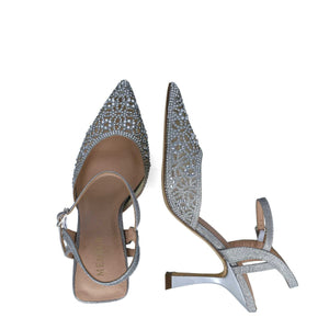 Glittery Rhinestone Embellished Silver Pointed Evening Sandals