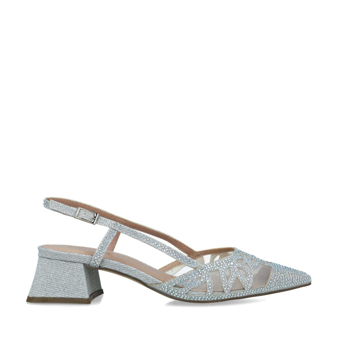Main image of Stylish Silver Low Block Heel Sandal.