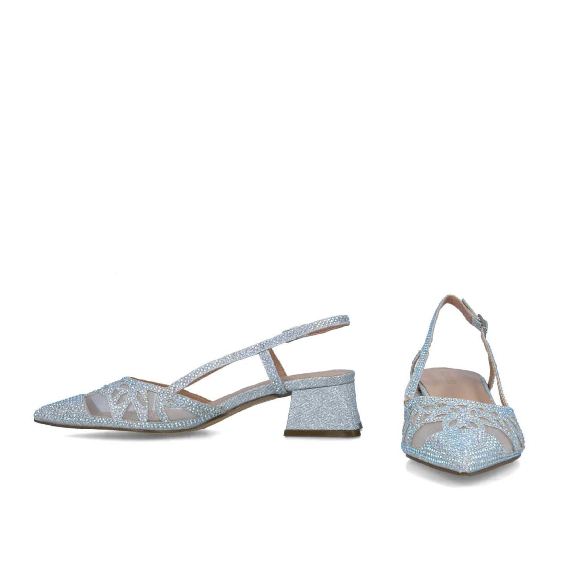 Direct front view of the pair of Stylish Silver Low Block Heel Sandals.