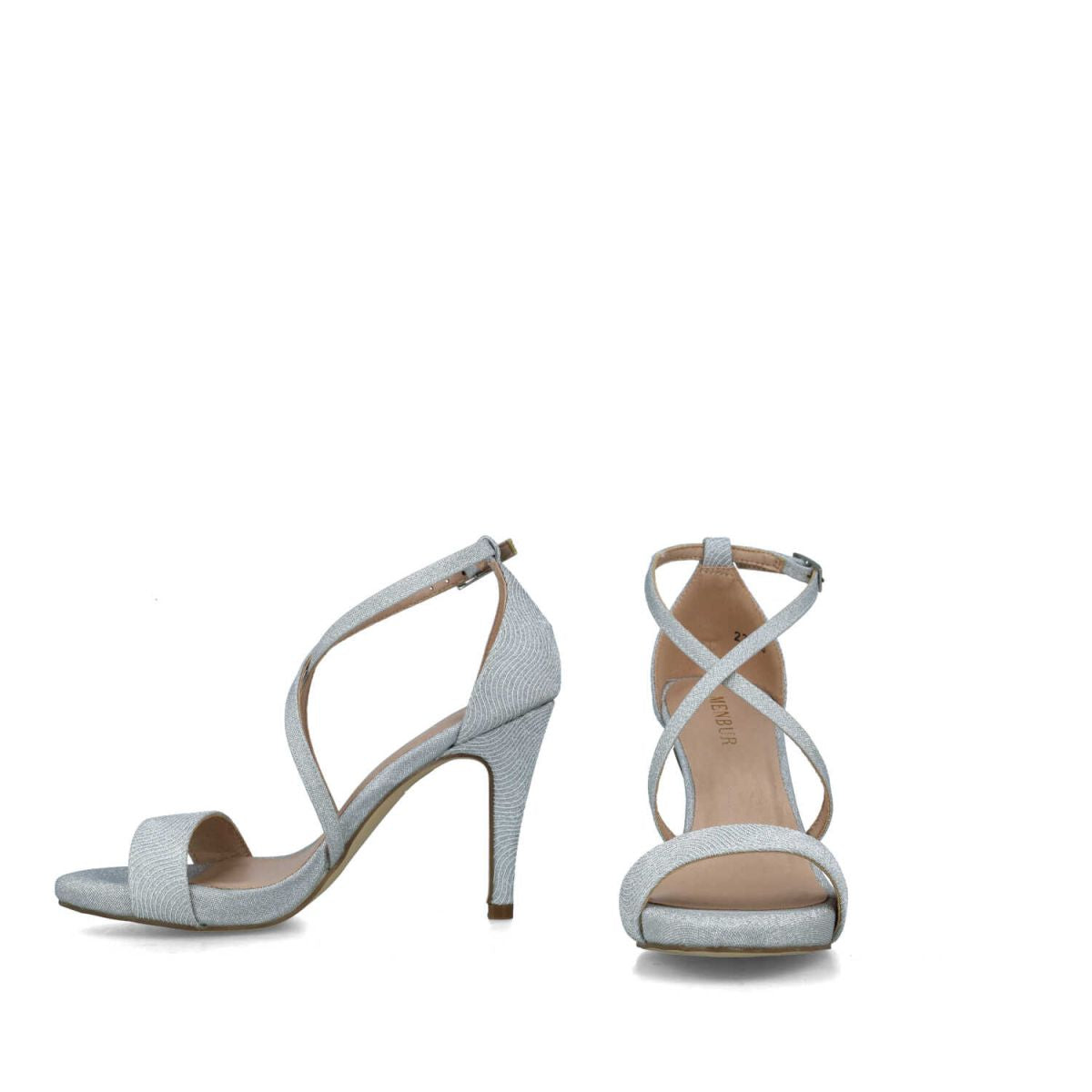 Frontal view of the Silver Strappy Sandals.