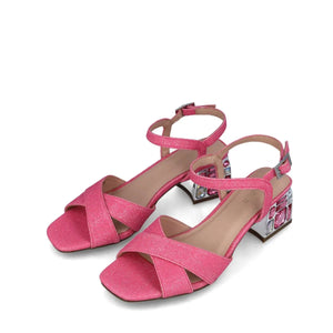 Jewel Box Gem Covered Block Heel Pink Sandals
