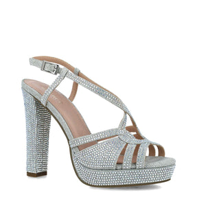 Eye-Catching High Heel Silver Sandals with Shimmering Diamante Detailing