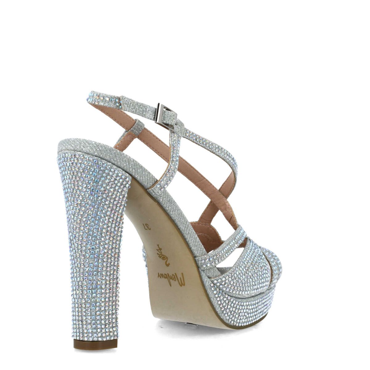 High Heel Silver Sandals with Shimmering Diamante Detailing