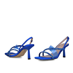 Side-angle view showcasing the design and contours of the CRATER Glamorous Gala Royal Blue Sandal.