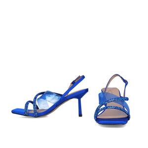 Full view of a matching pair of Glamorous Gala Royal Blue Sandals, set side by side.
