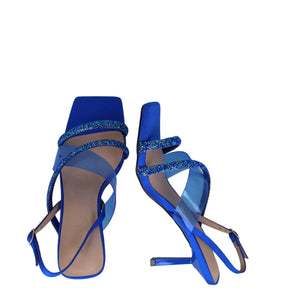 Overhead shot capturing the square toe detail of the CRATER Glamorous Gala Royal Blue Sandal.