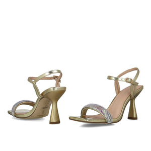 Front and back view of two Menbur Dazzling Gold Sandals showcasing the heel and front straps.