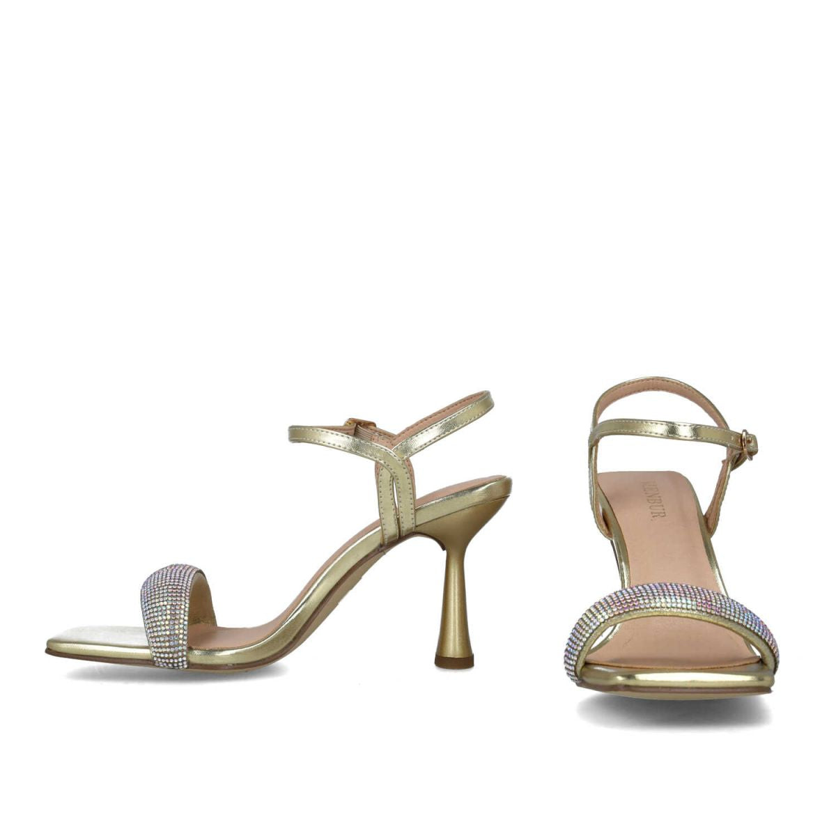 Frontal view of Menbur's Dazzling Gold Square Toe Sandal, highlighting the strap details.